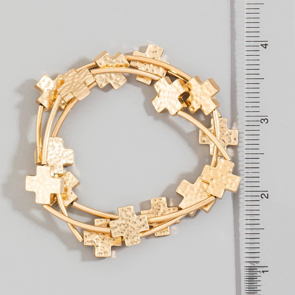 Hammered Cross Charms Layered Bracelet Set Gold and Solver