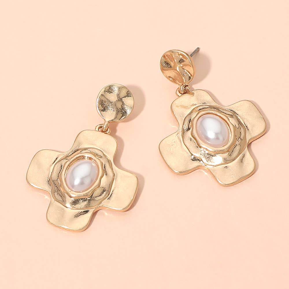 Oval Pearl Centered Cross Drop Dangle Earrings