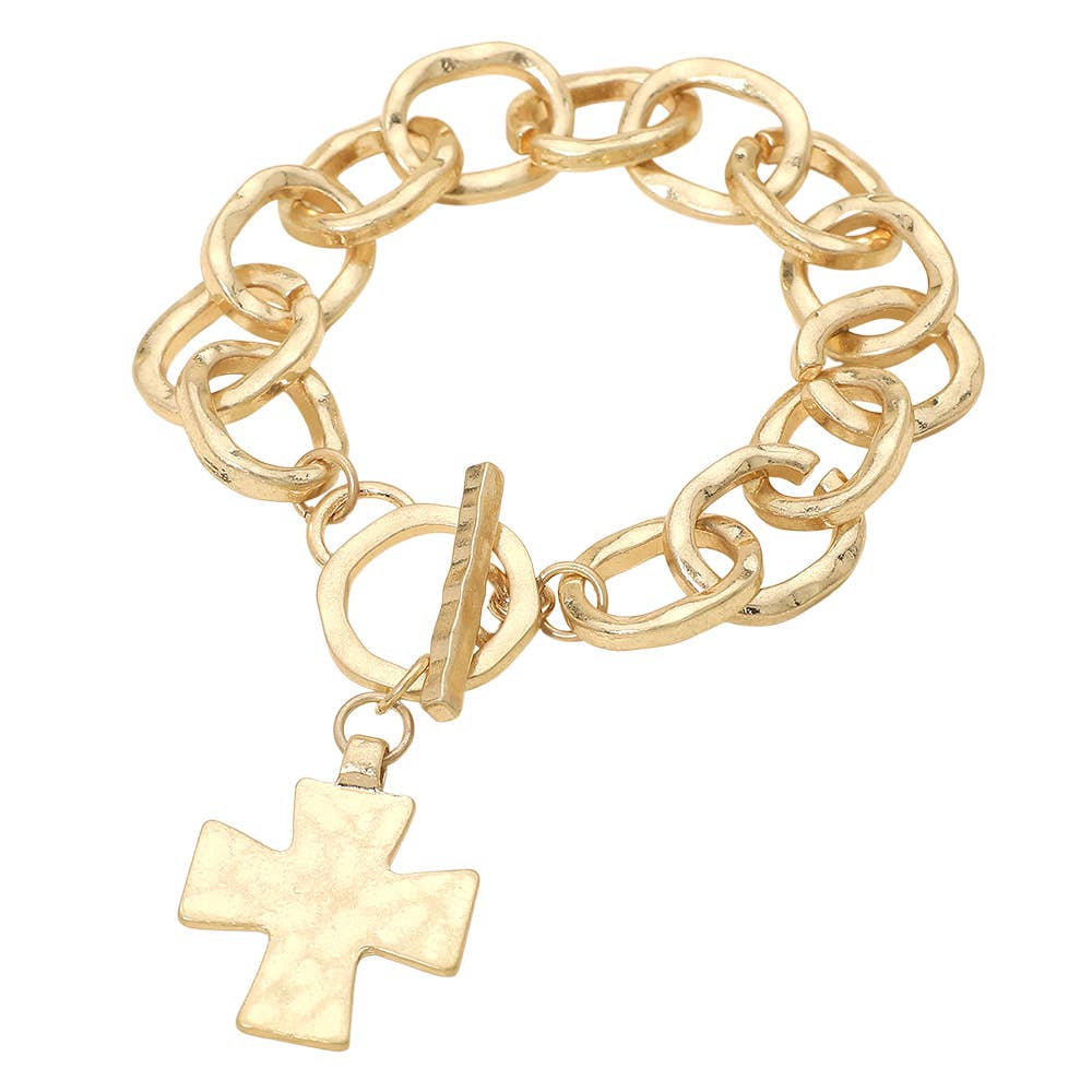 Hammered Metal Cross Charm Chunky Chain Toggle Bracelet
