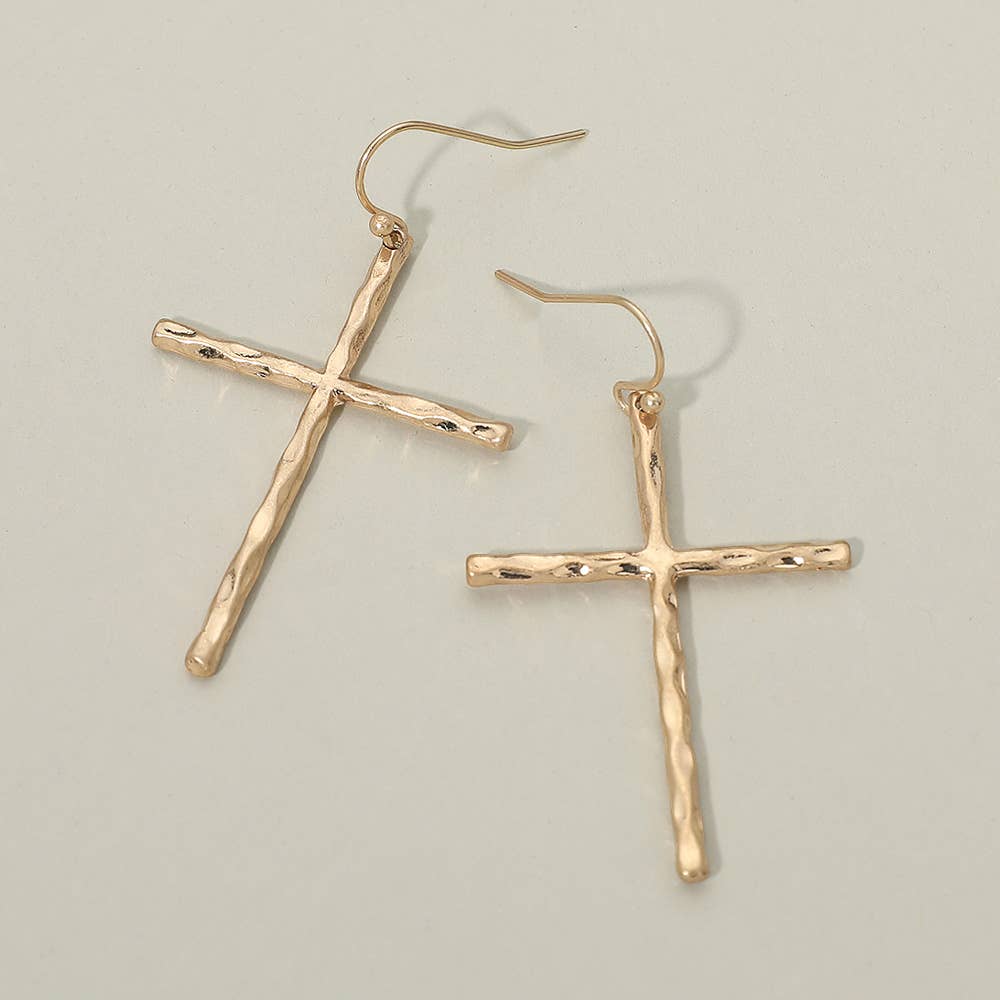 Hammered Metal Cross Charm Drop Dangle Earrings