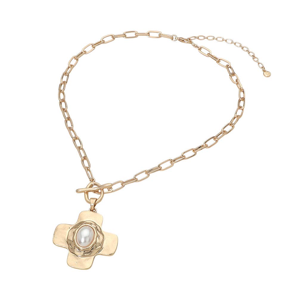 Oval Pearl Centered Toggle Cross Charm Pendant Necklace