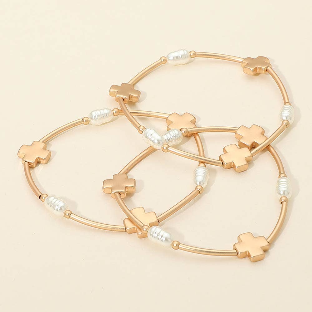 Gold 3PCS - Cross Charm Pearl Beaded Stretch Multi Layered Bracelets