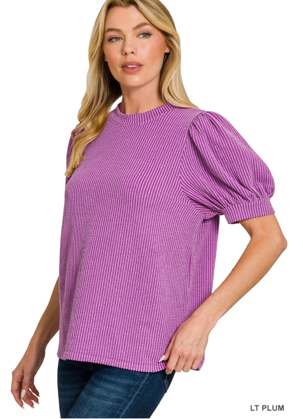 Purple Puff Sleeve Ribbed Top