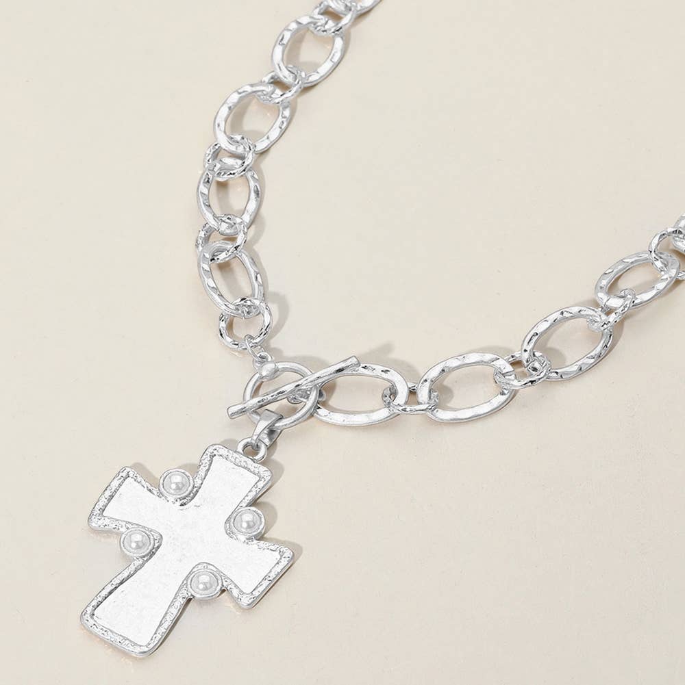 Gold Pearl Hammered Matte Metal Cross Pendant Chunky Necklace