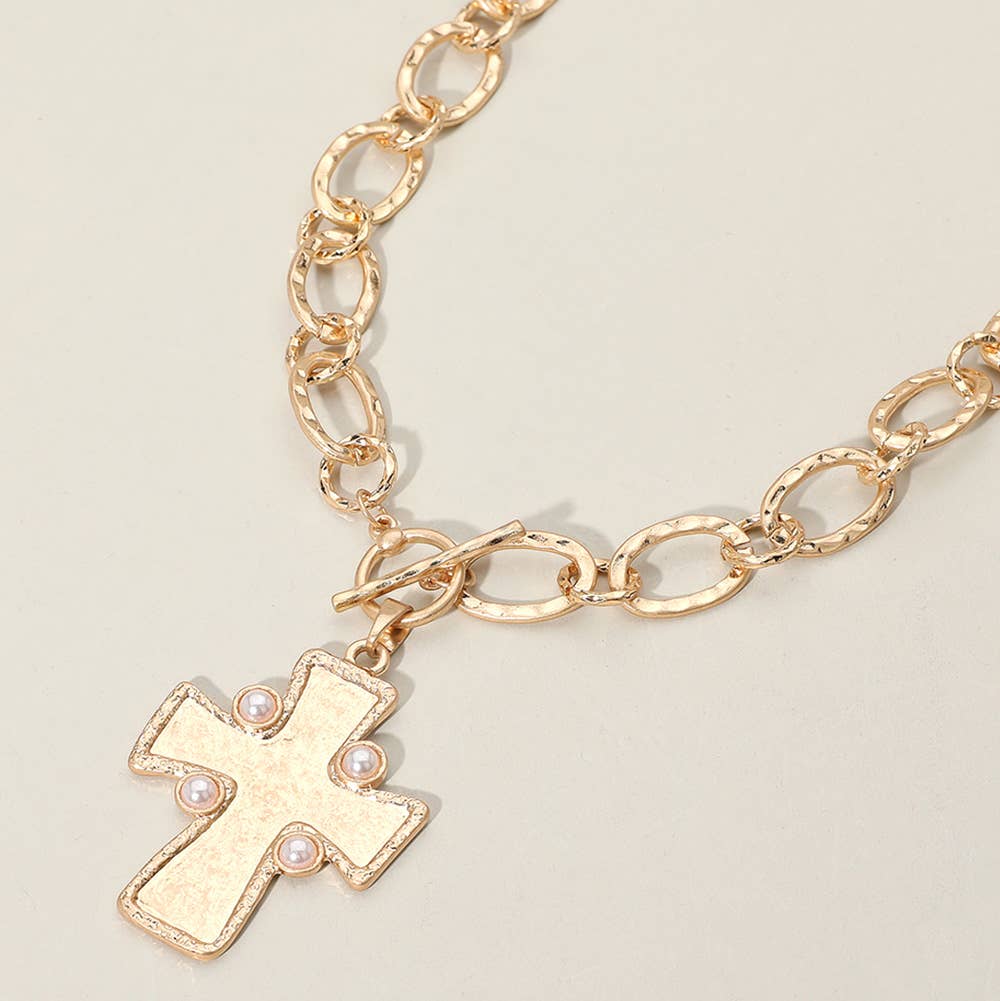 Gold Pearl Hammered Matte Metal Cross Pendant Chunky Necklace
