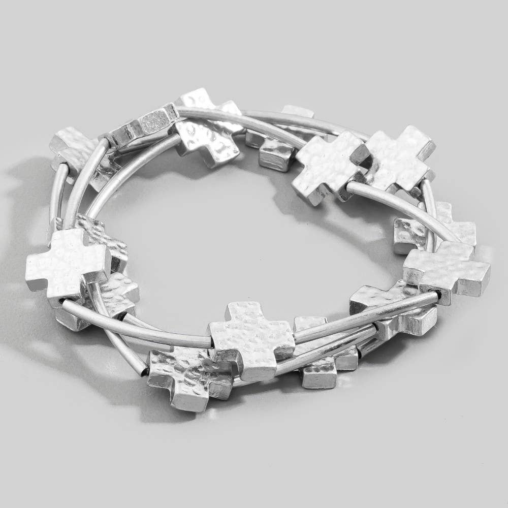 Hammered Cross Charms Layered Bracelet Set Gold and Solver