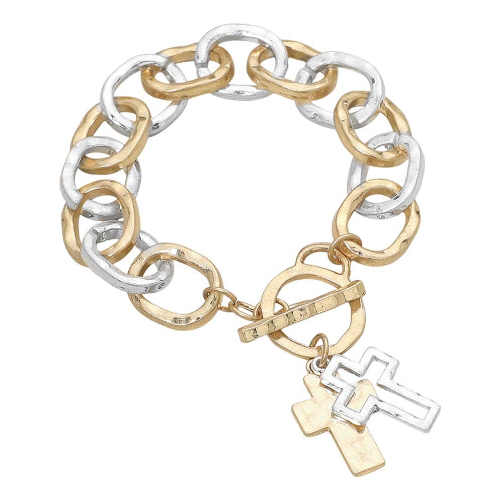 Mix Metal Hammered Layered Cross Charm Chunky Chain Toggle Bracelet