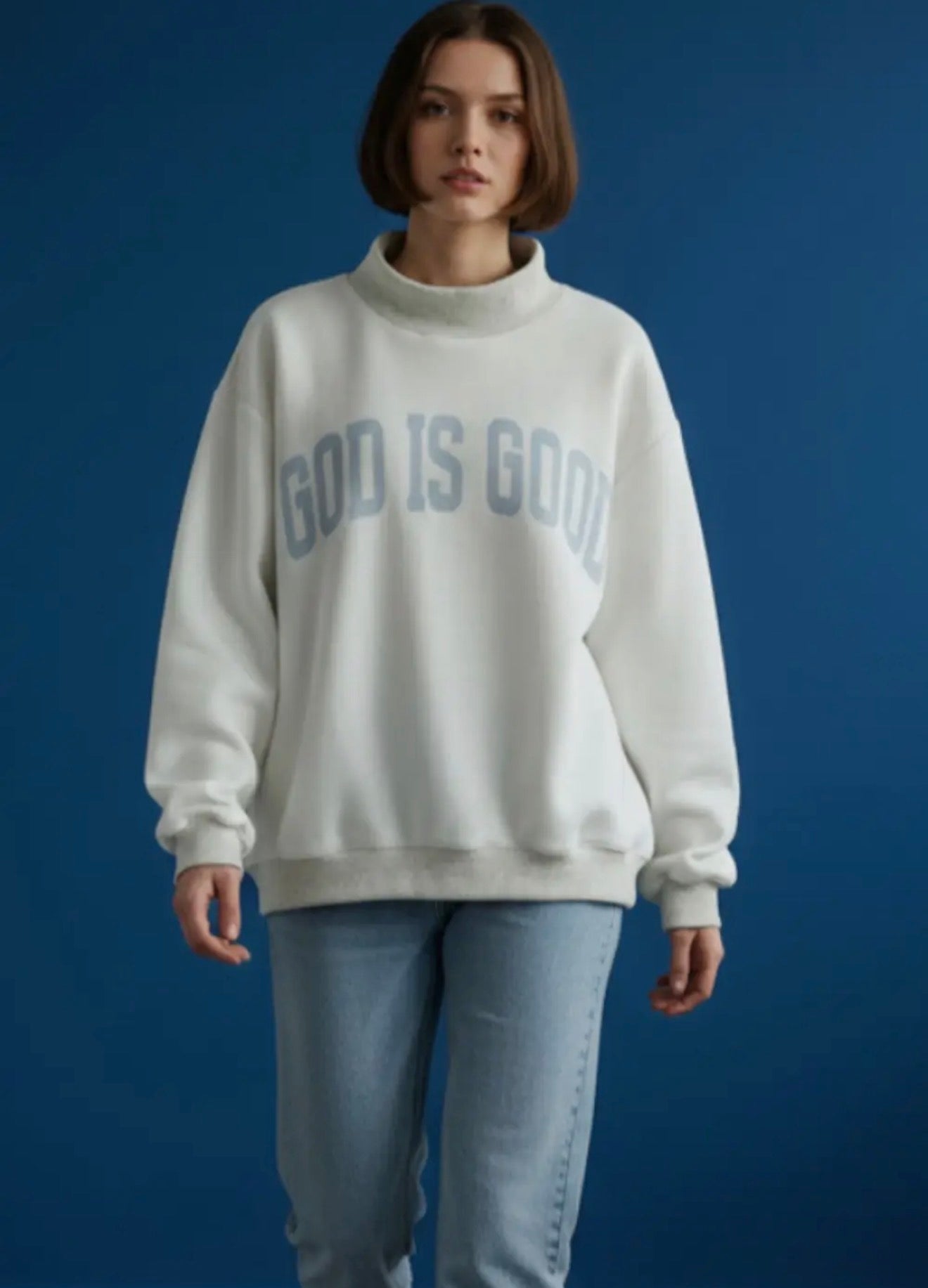 Mock Neck Reversible Sweatshirt Blue Print Jesus/God is Good