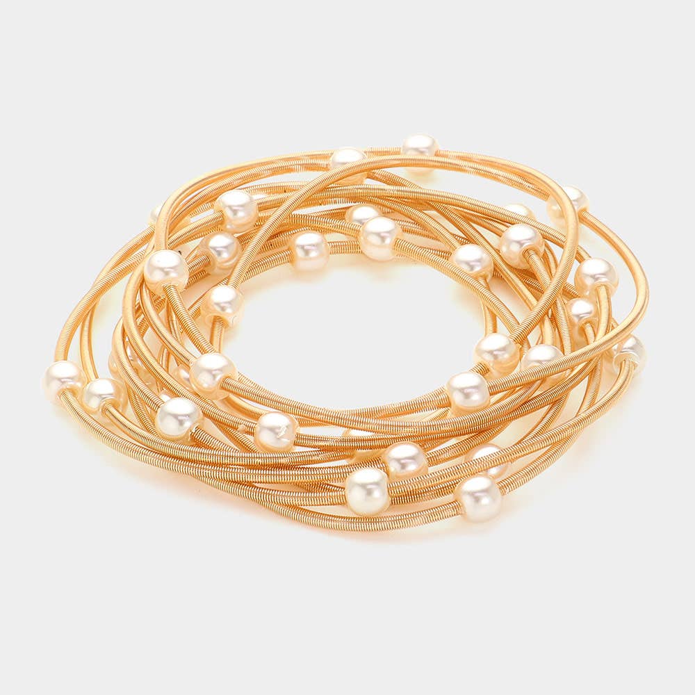 Gold 10PCS - Pearl Station Stretch Multi Layered Bracelets