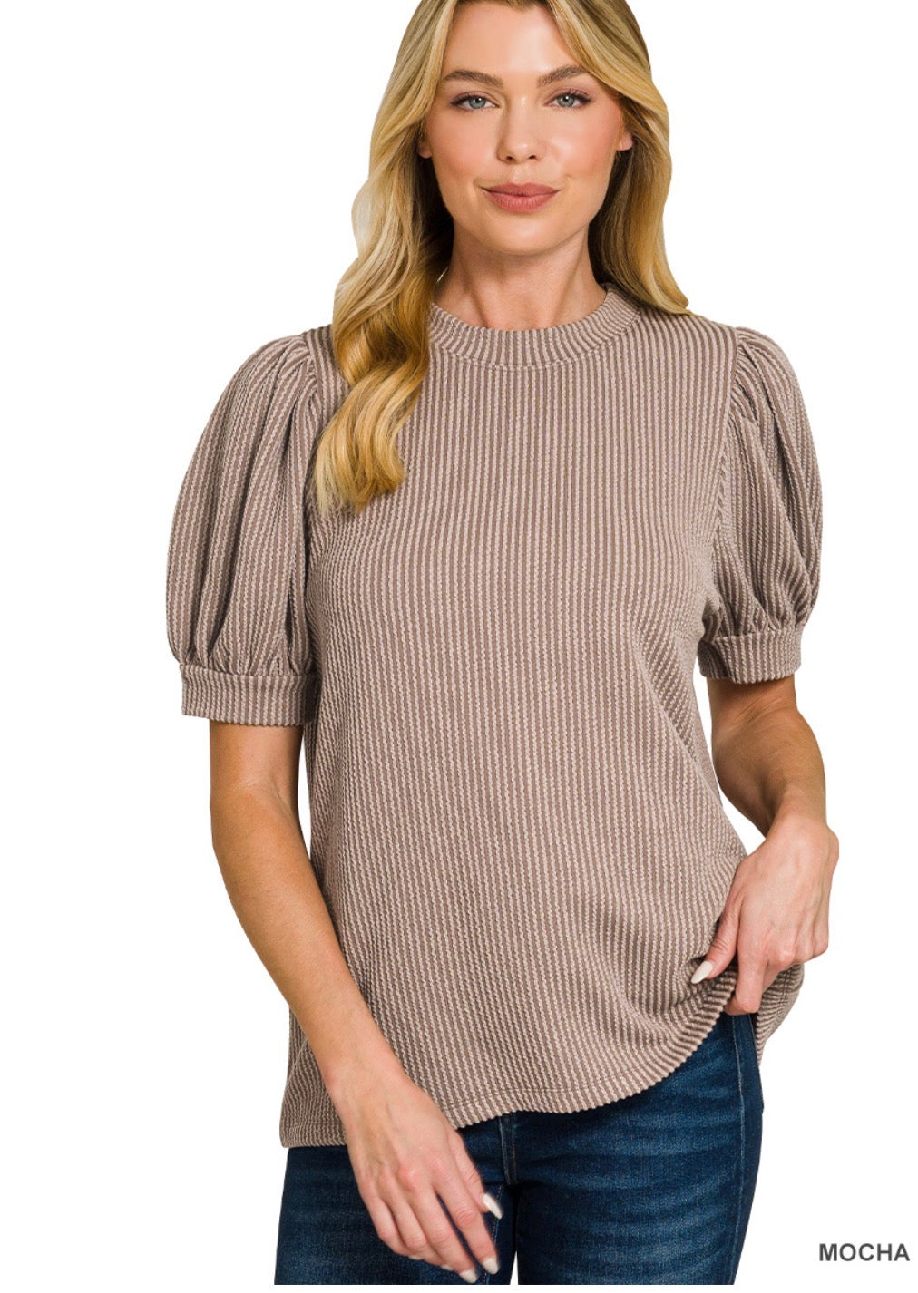 Mocha Ribbed Puff Sleeve Top ETA6/16