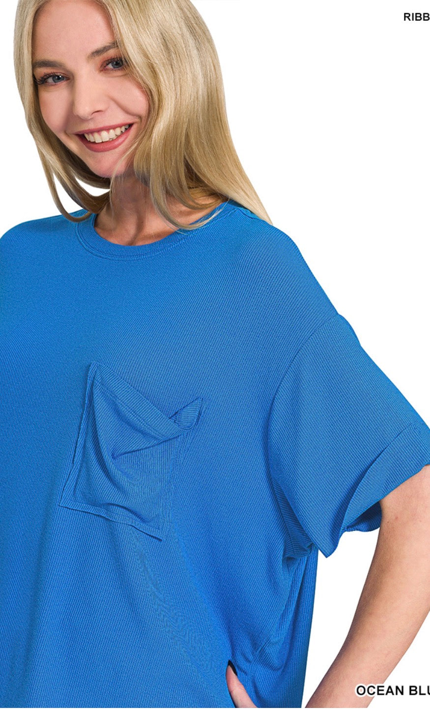 Zenana Ocean Blue Pocket Top
