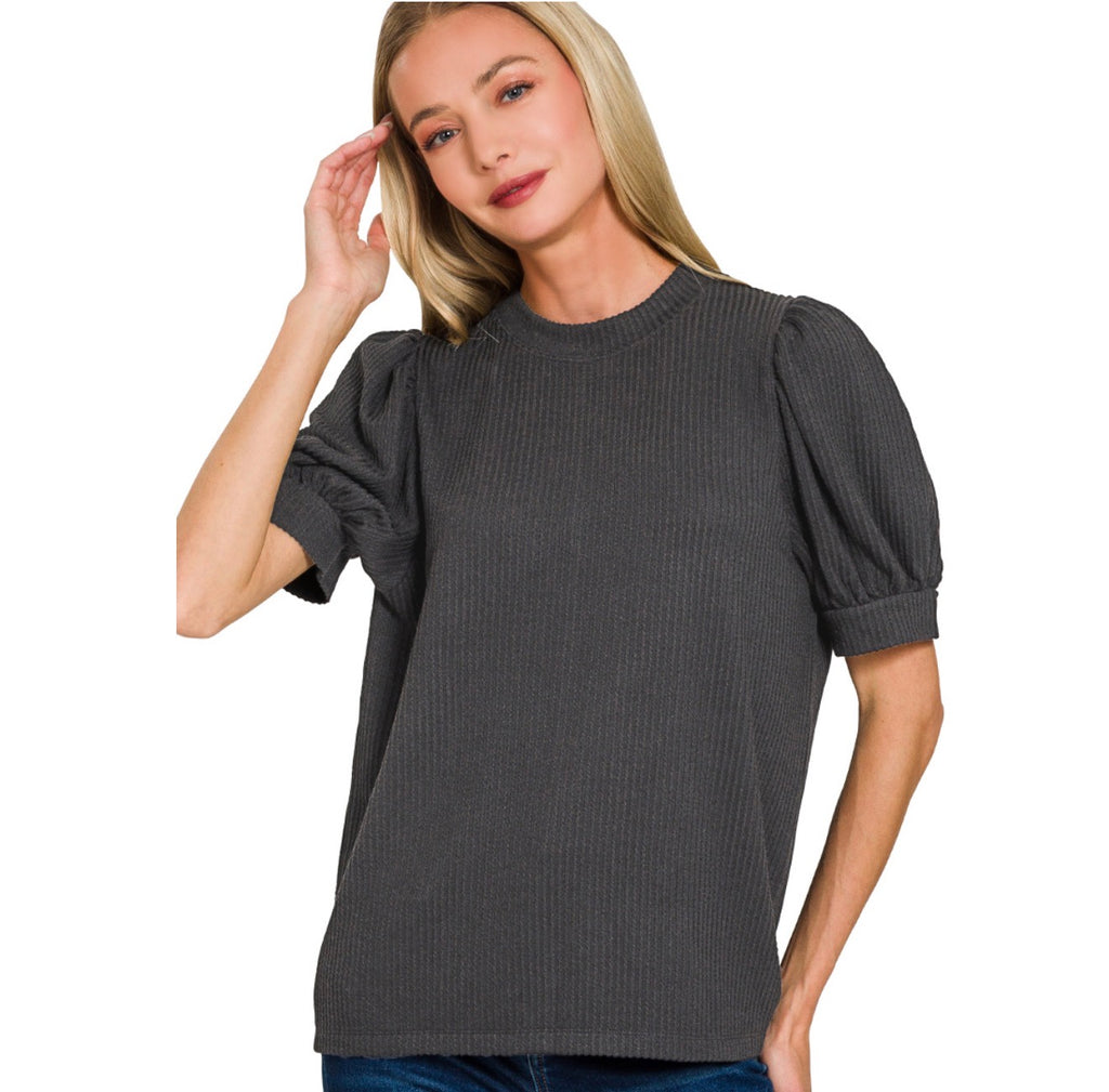 Black Ribbed Puff Sleeve Top ETA 5/16