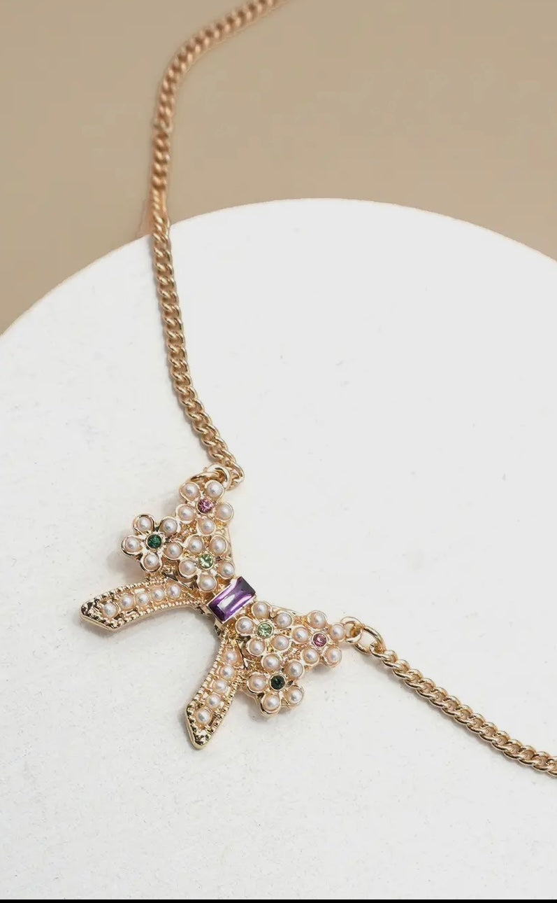 Pearl Rhinestone Bow Necklace