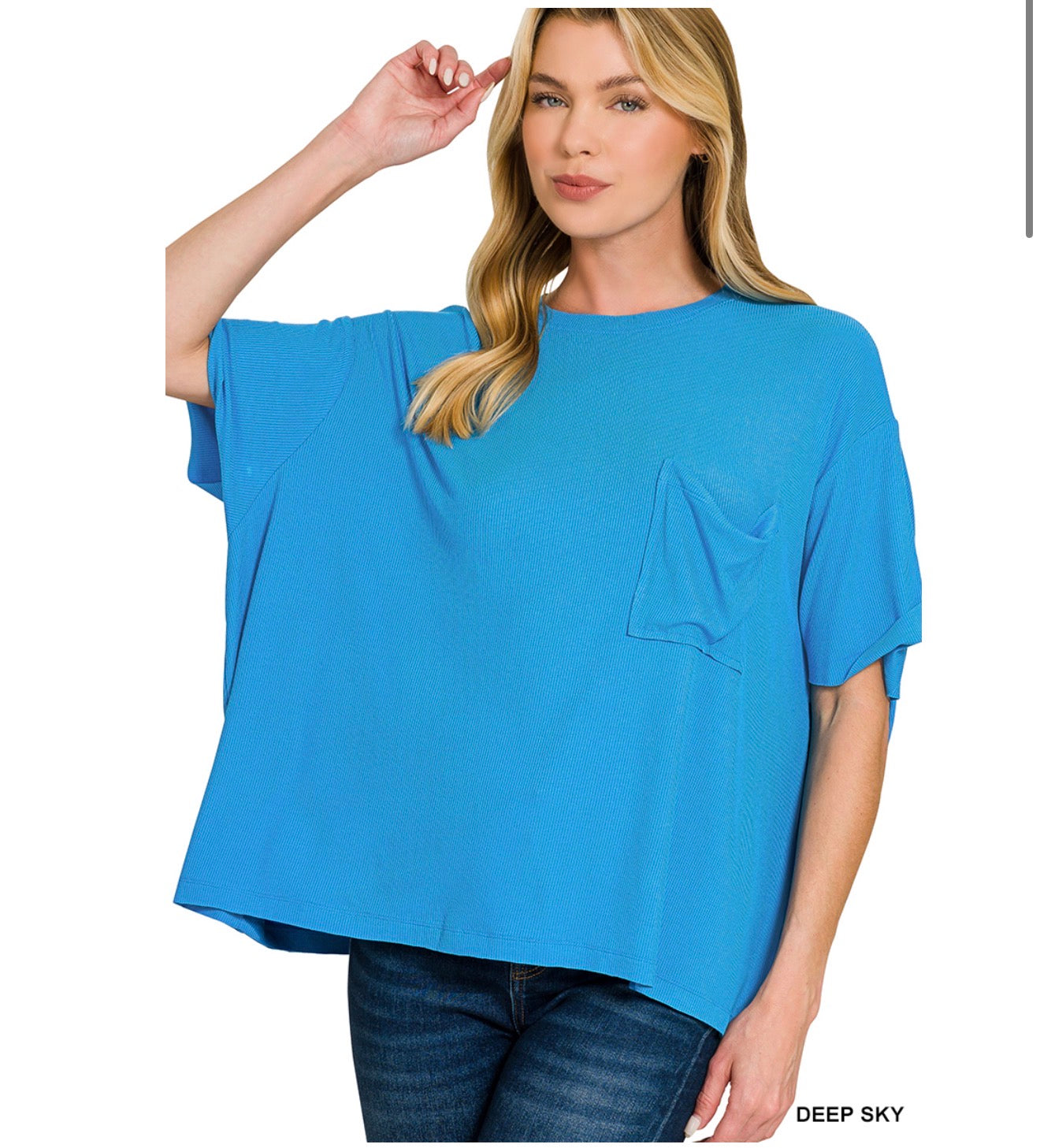 Deep Sky Ribbed Oversize Pocket Top