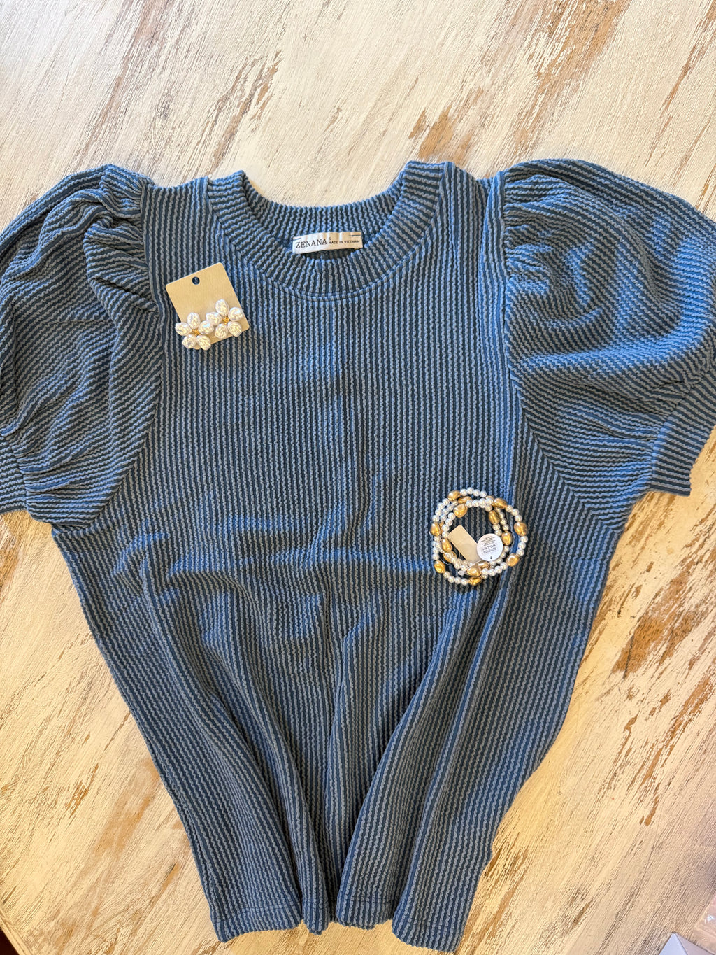 Puff Sleeve Ribbed Top Dusty Blue