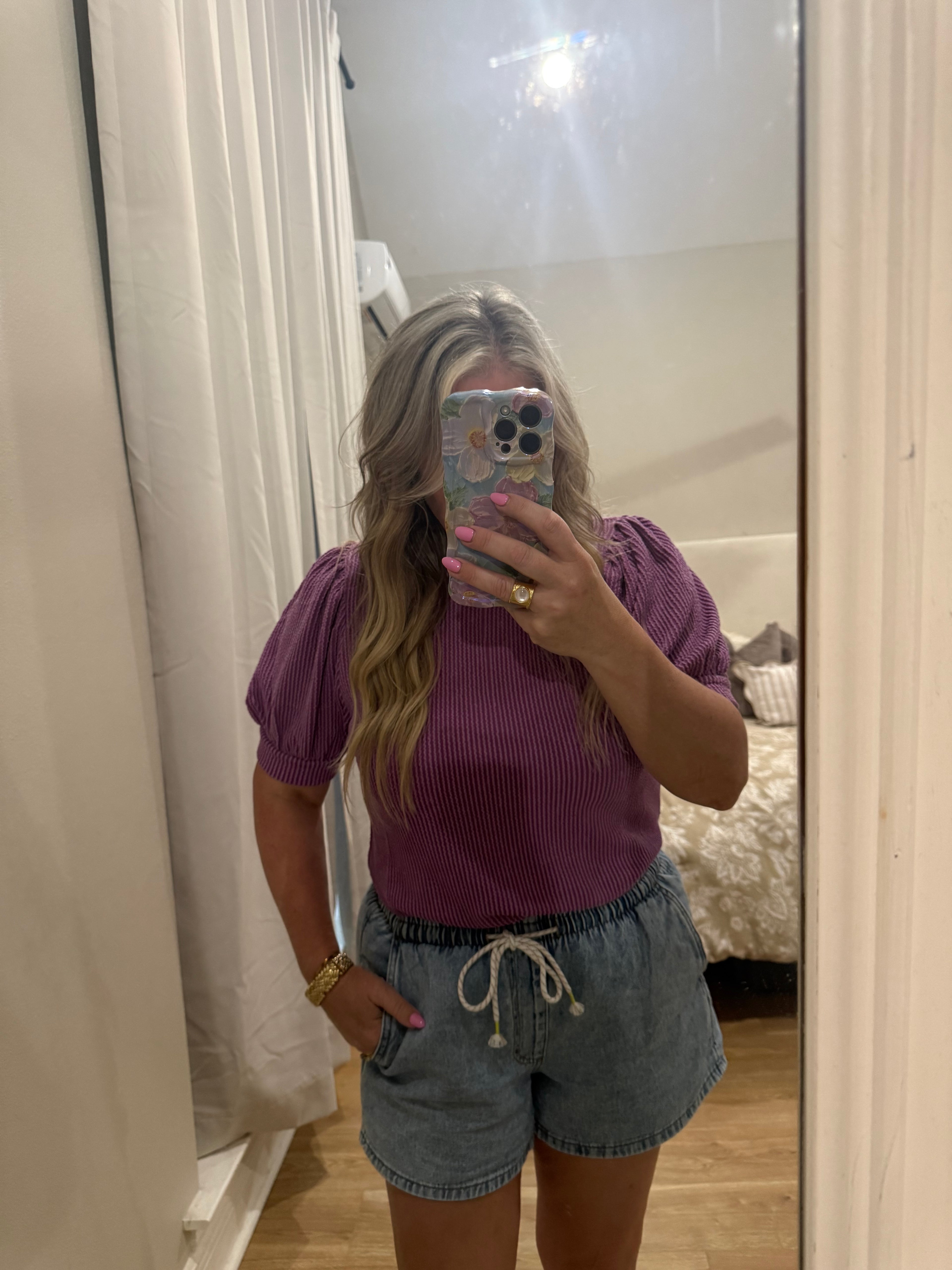 Purple Puff Sleeve Ribbed Top
