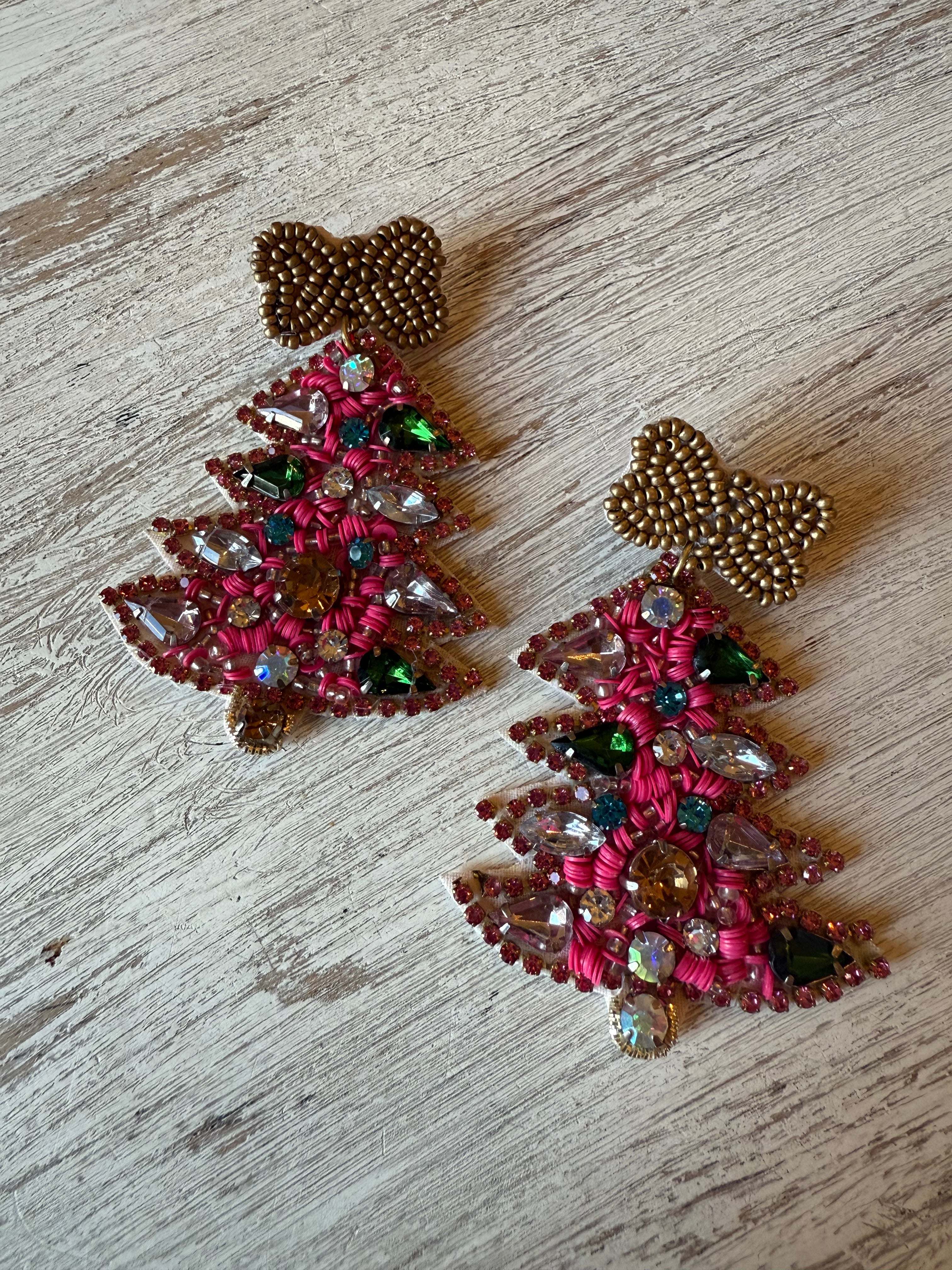 Pink Christmas Tree Jeweled Earrings