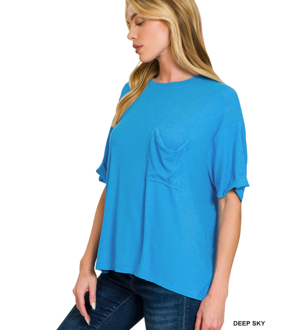 Deep Sky Ribbed Oversize Pocket Top