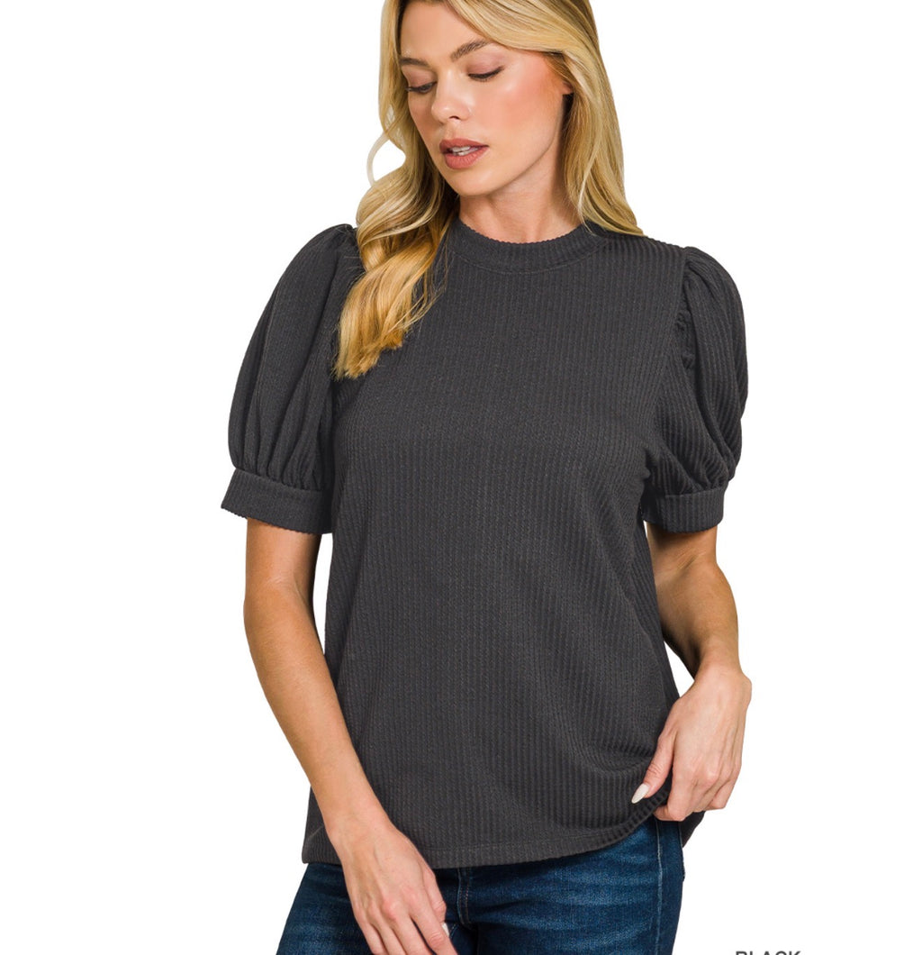 Black Ribbed Puff Sleeve Top ETA 5/16