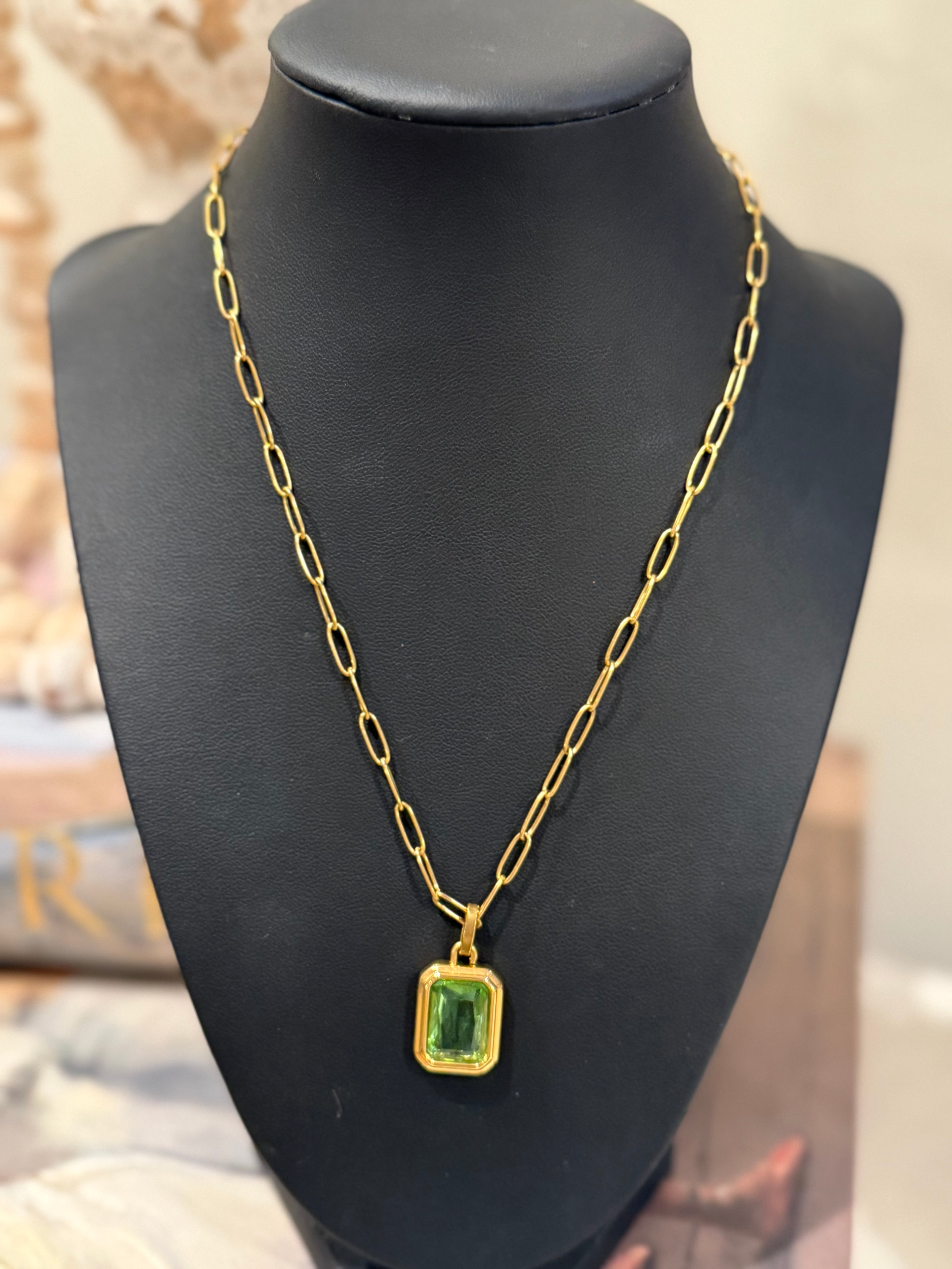 Square Pendant Green Stone Gold Necklace
