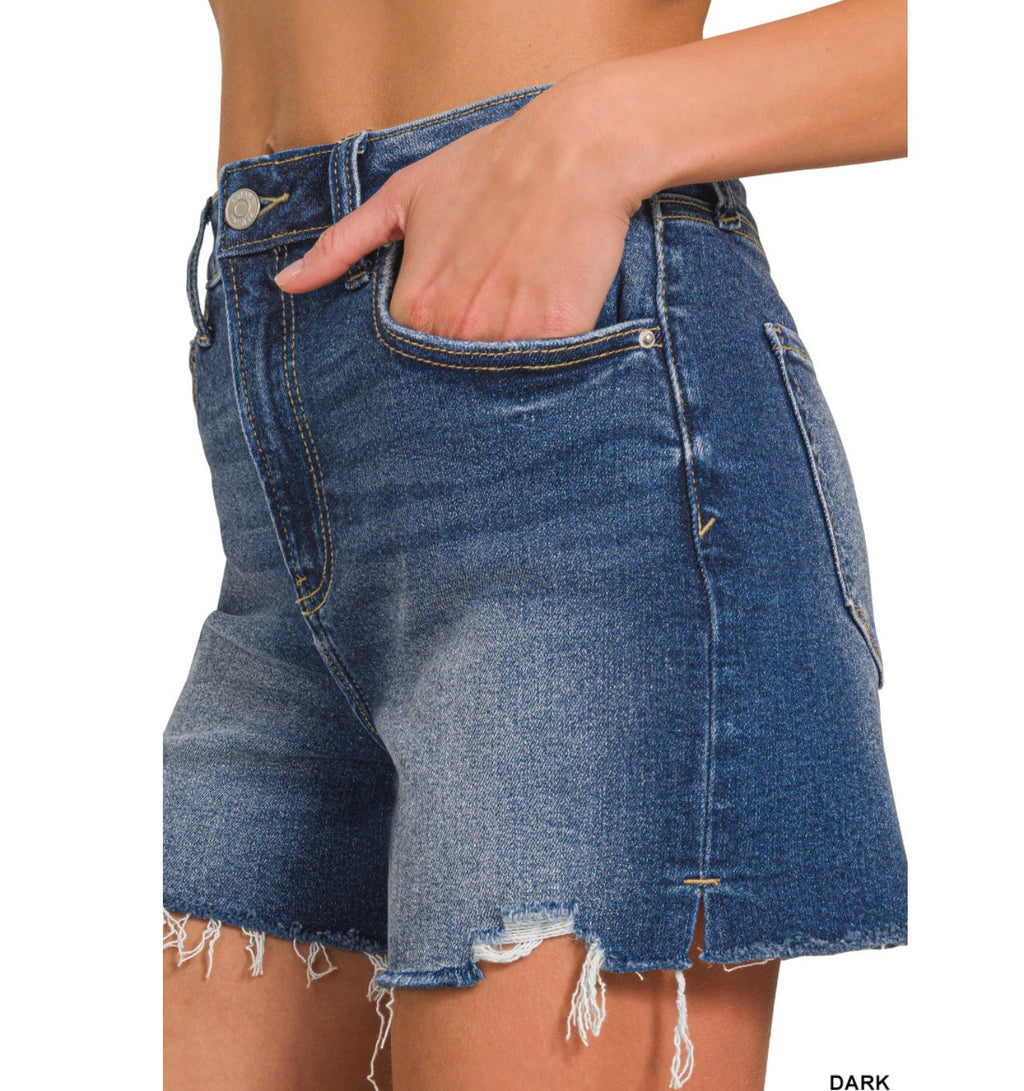 Dark Wash Distress Hem Denim Shorts