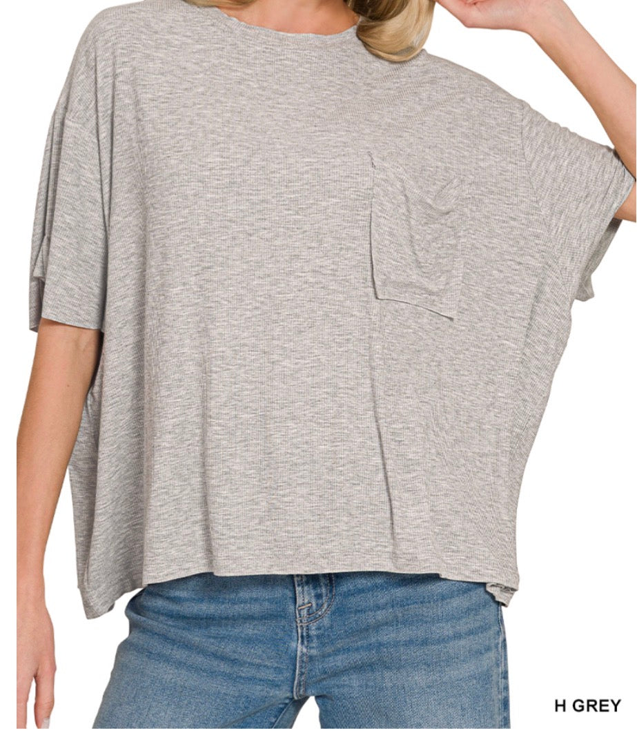 Grey Ribbed Pocket Top