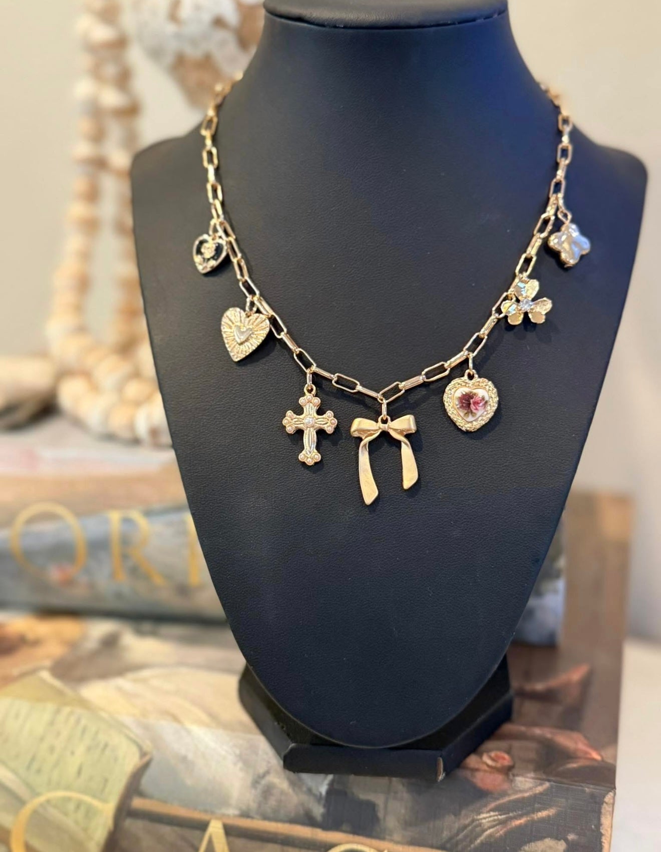 Charm Necklace Bow Cross Heart
