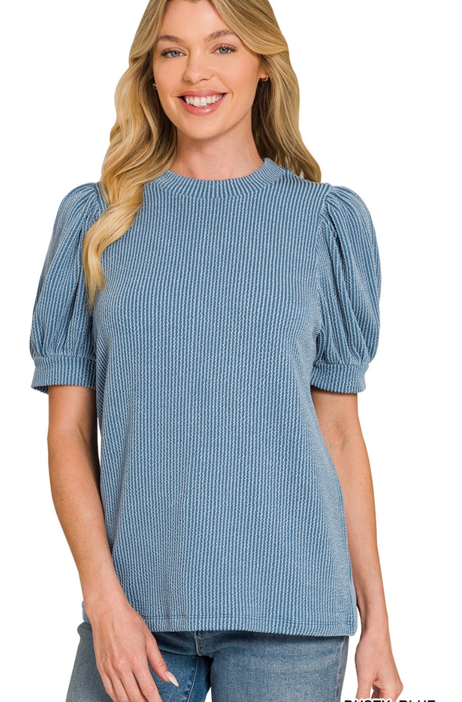 Puff Sleeve Ribbed Top Dusty Blue