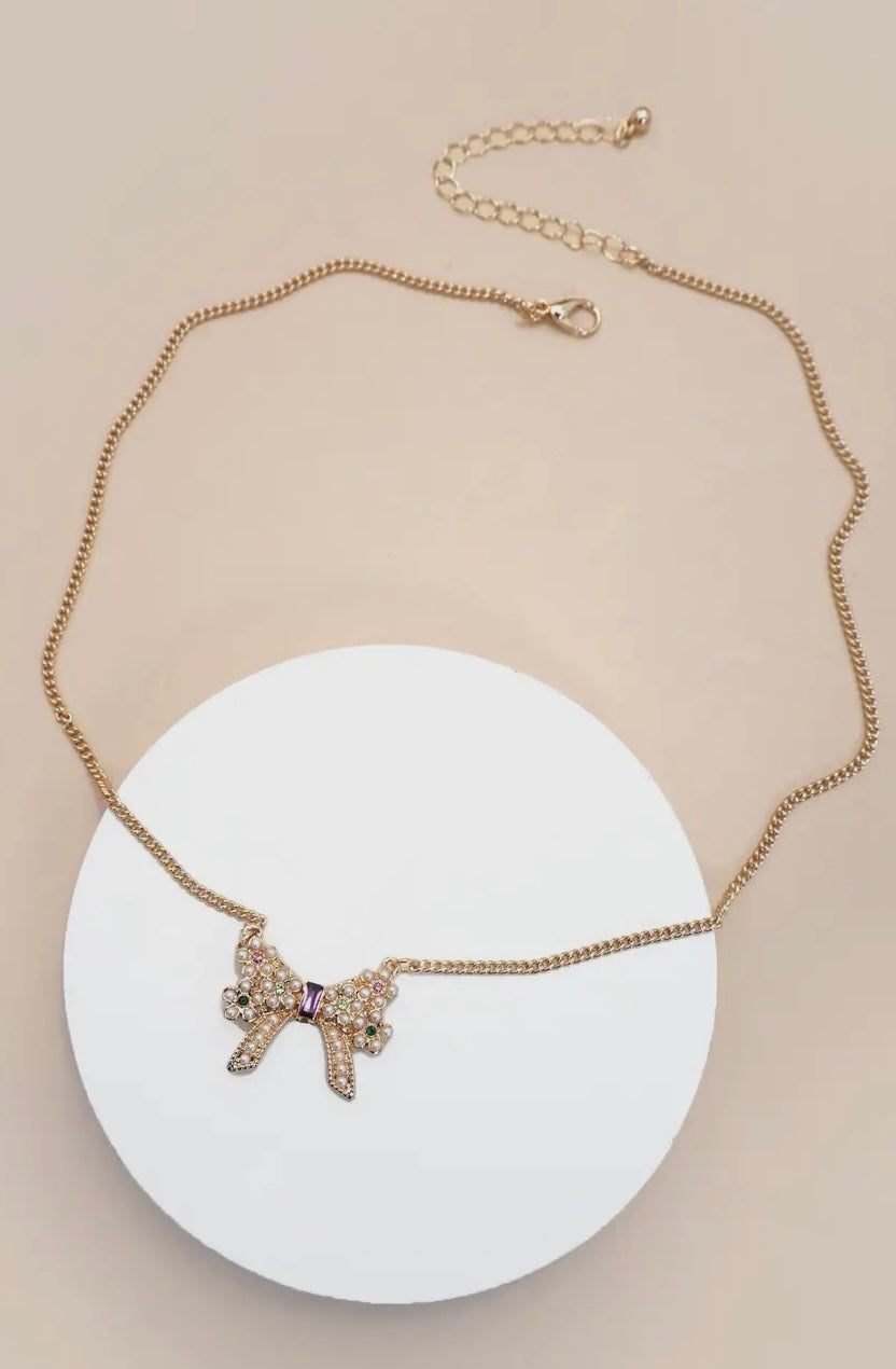Pearl Rhinestone Bow Necklace