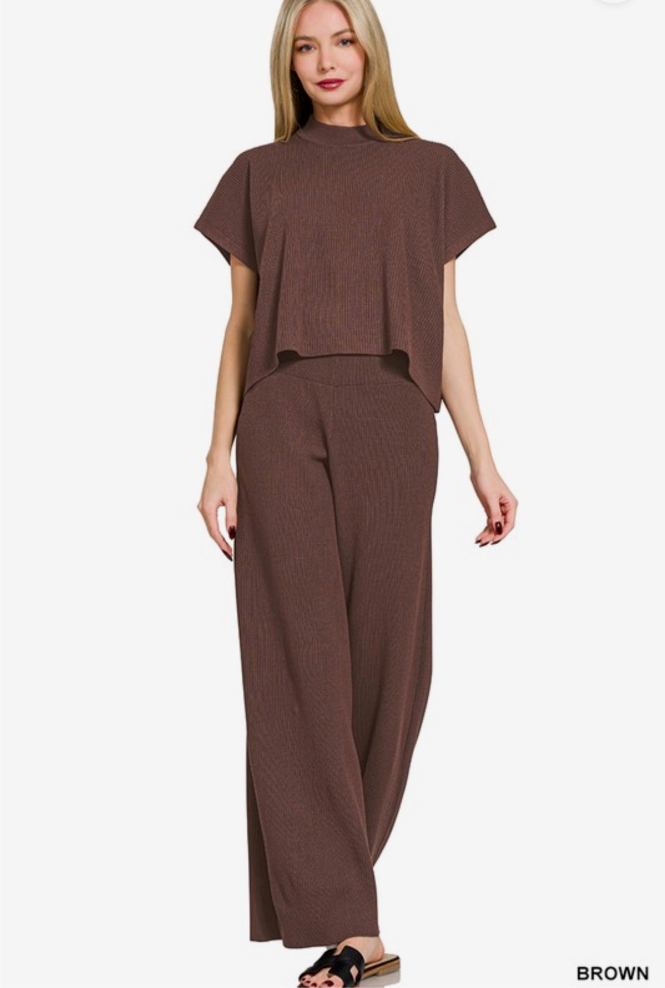 Brown Zenana Short Sleeve Sweater Set