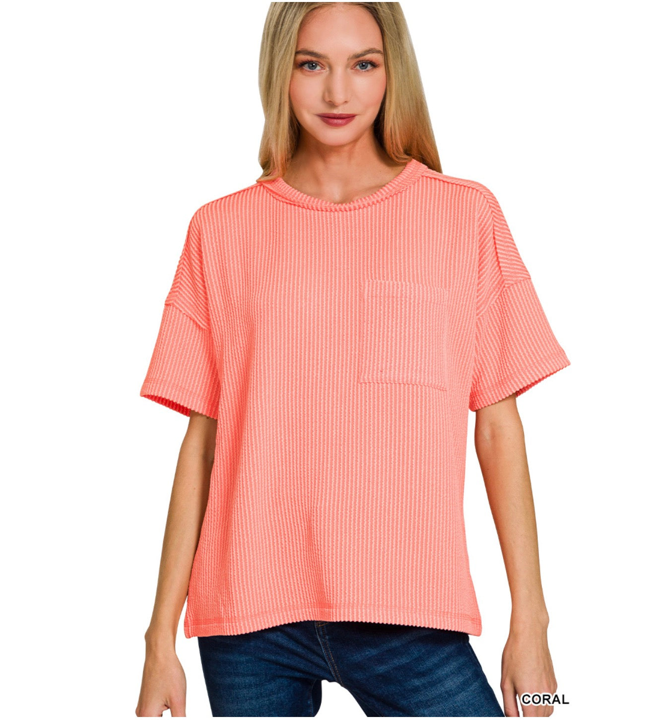Coral Ribbed Pocket Top
