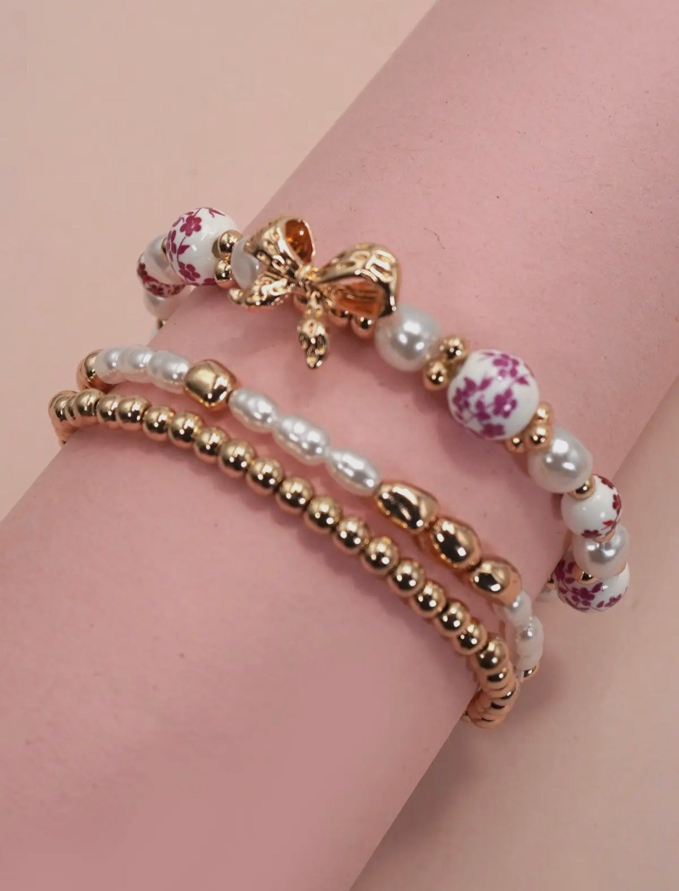 Pink Porcelain Bow Stack Bracelet