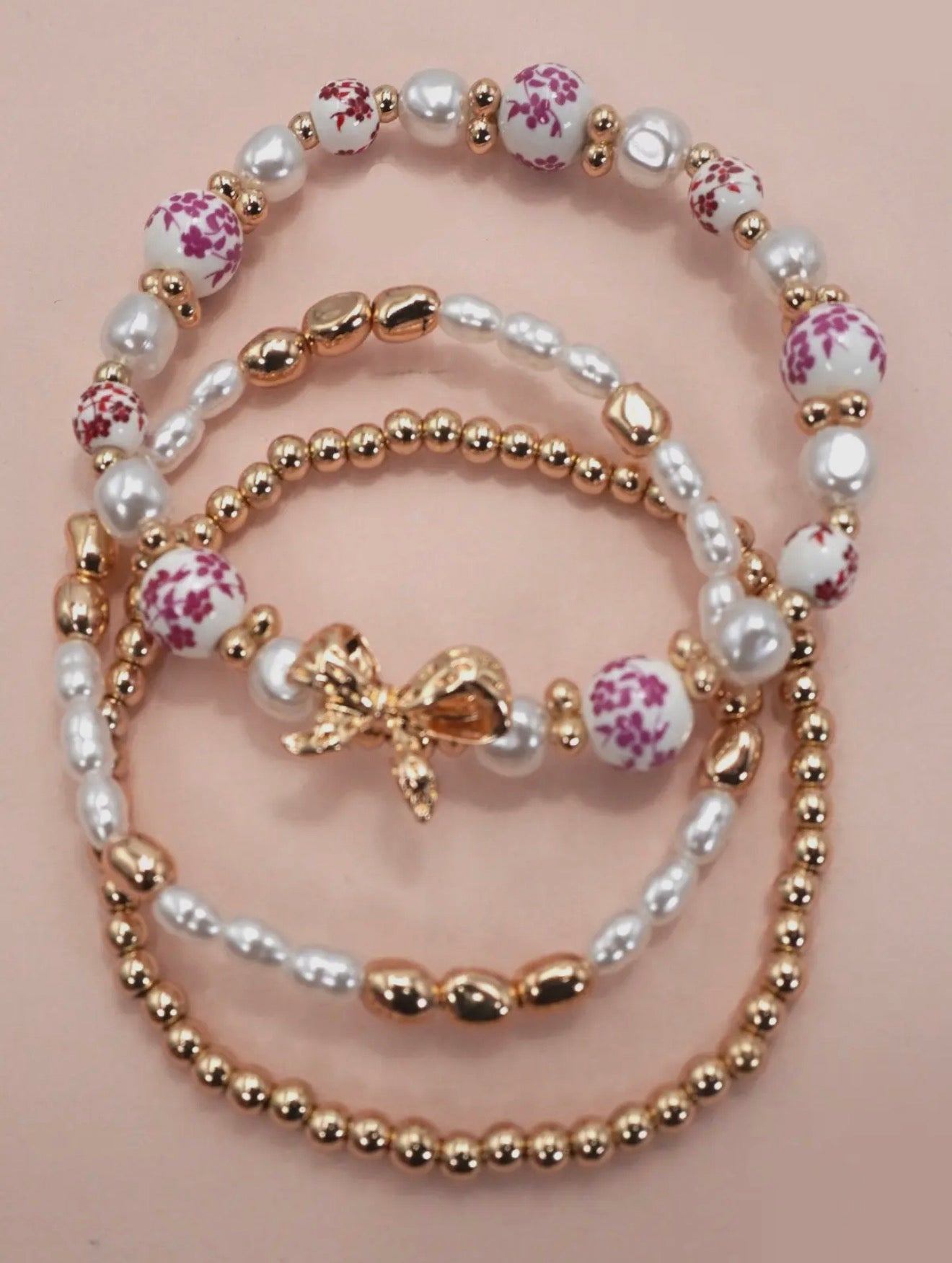 Pink Porcelain Bow Stack Bracelet