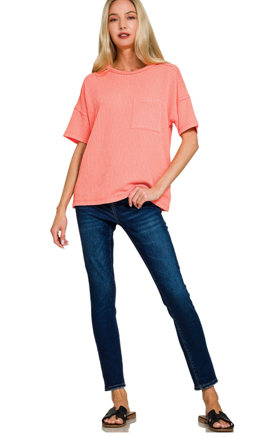 Coral Ribbed Pocket Top