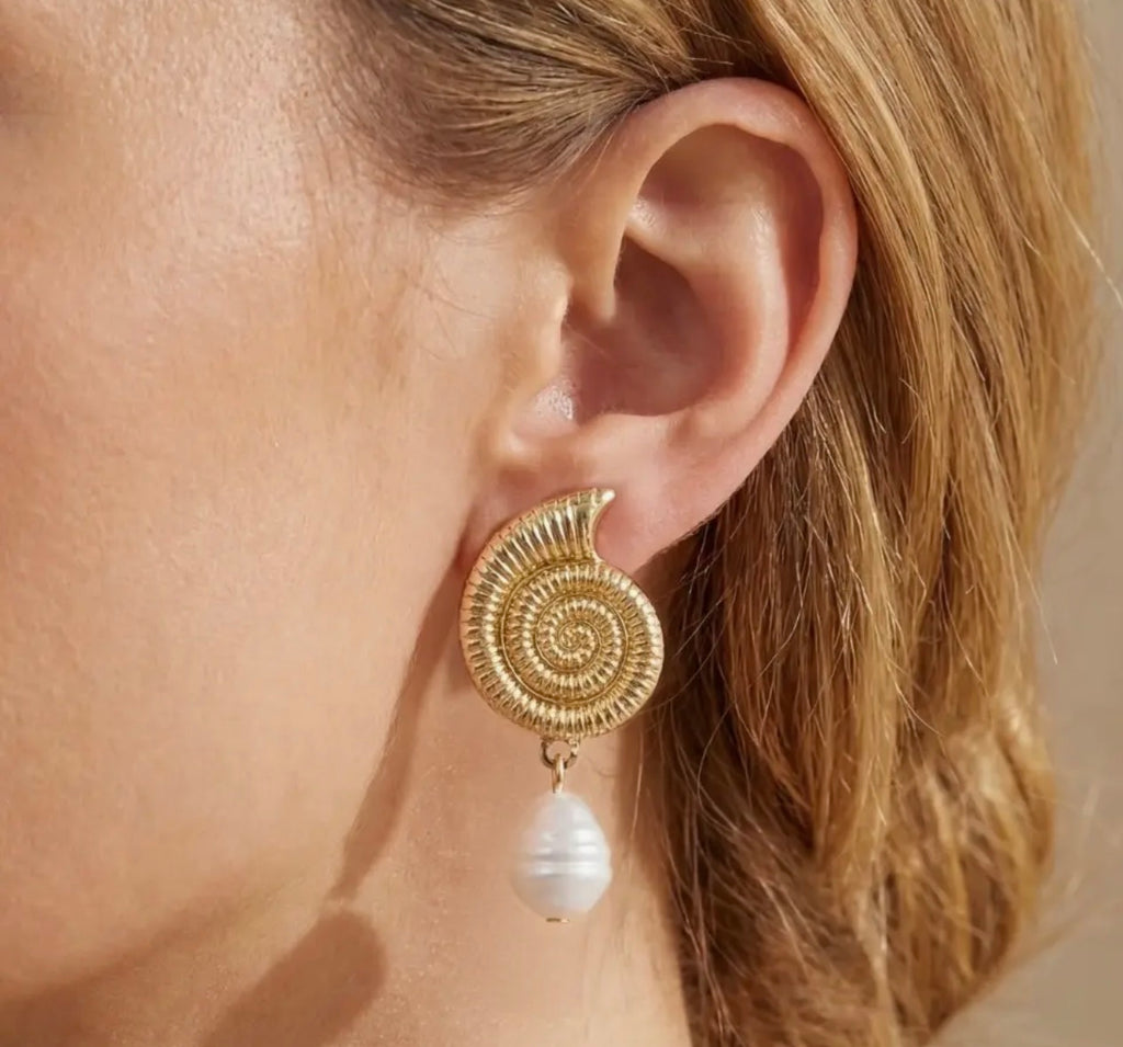 Gold Shell With Pearl Earrings