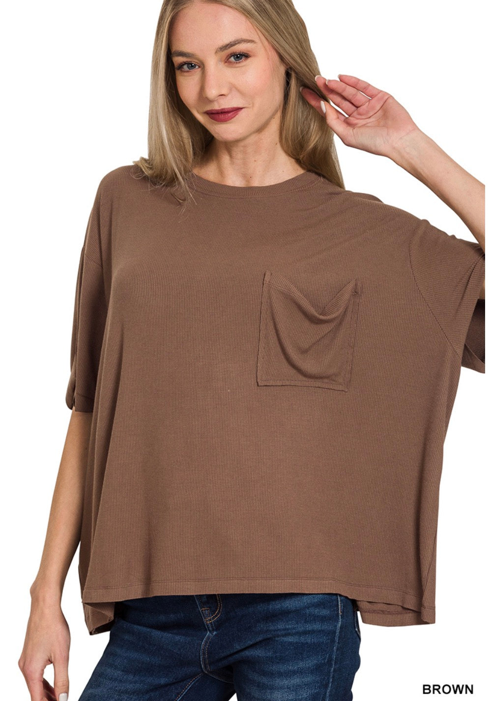Mocha Breeze Ribbed Pocket Top