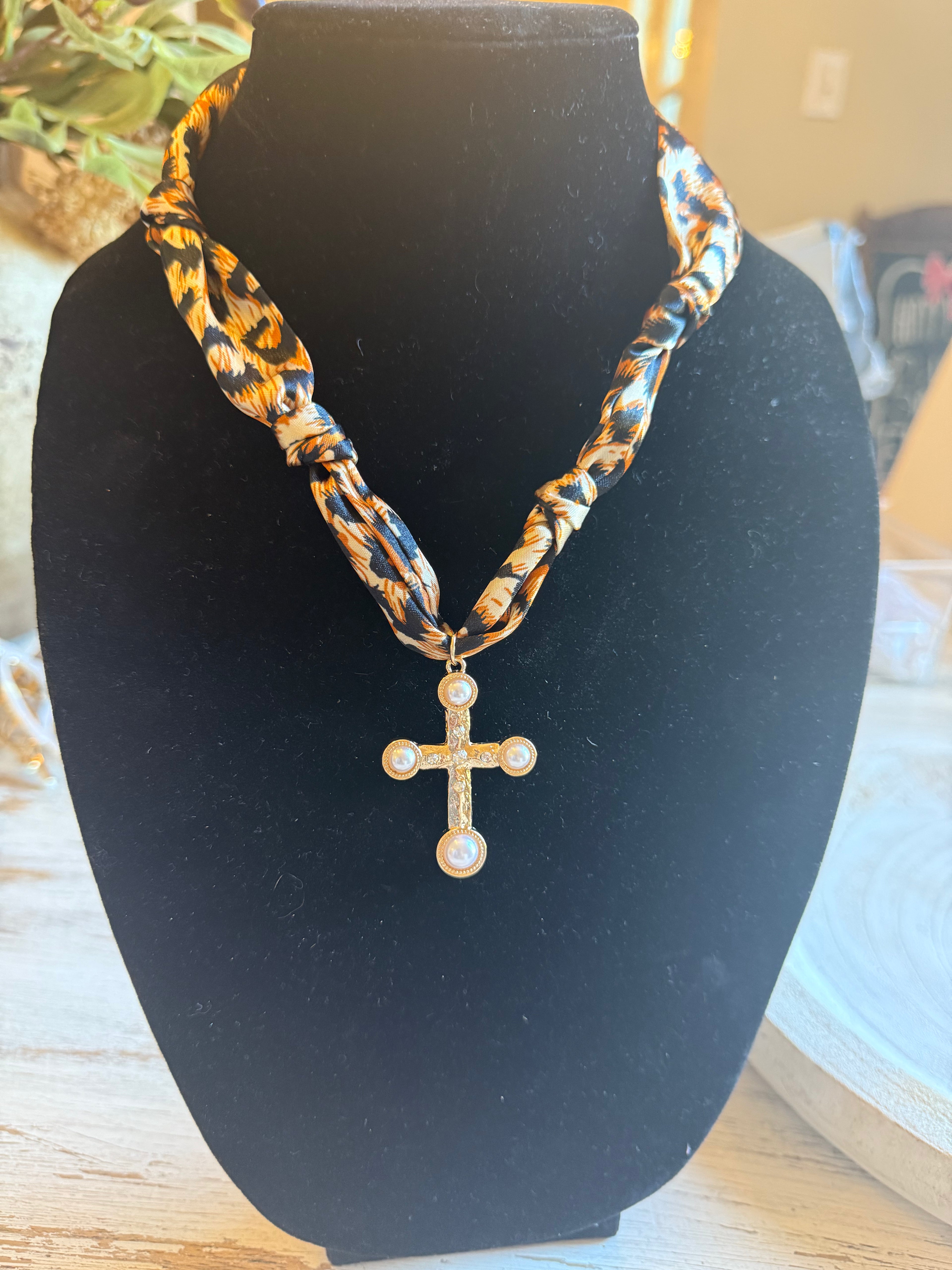 Leopard Scarf Cross Scarf Necklace