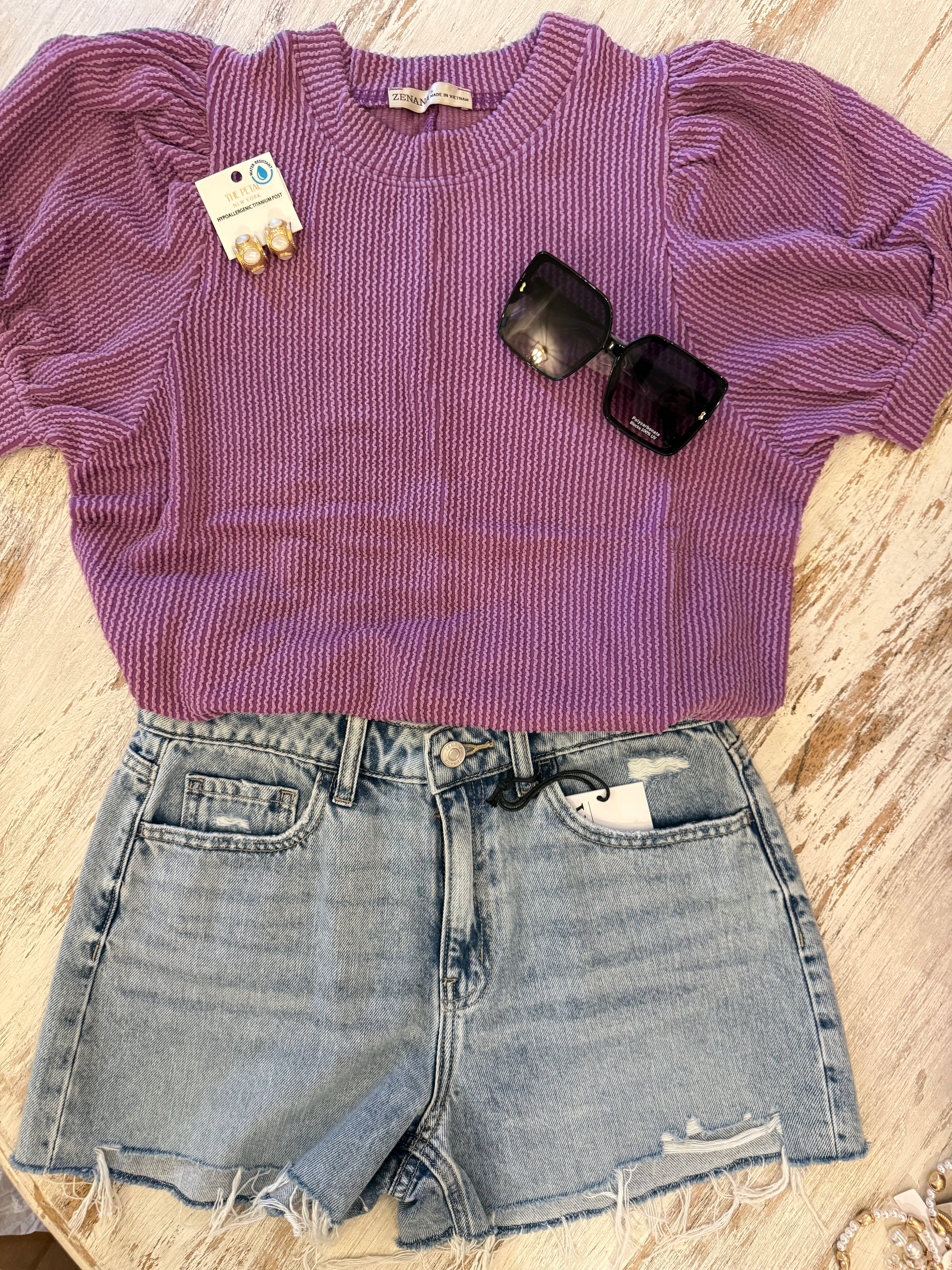 Purple Puff Sleeve Ribbed Top