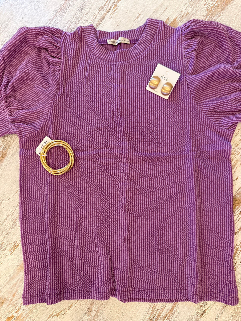 Purple Puff Sleeve Ribbed Top