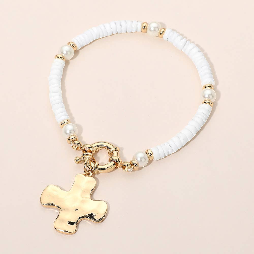 Hammered Metal Cross Charm Pearl Beaded Bracelet