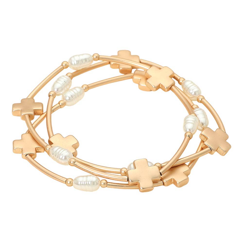 Gold 3PCS - Cross Charm Pearl Beaded Stretch Multi Layered Bracelets
