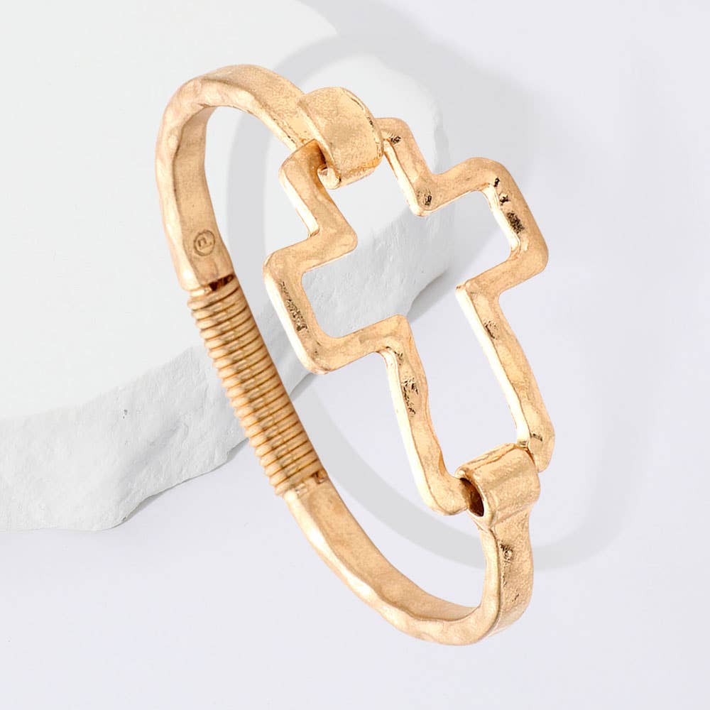 Gold Hammered Open Metal Cross Hook Bracelet