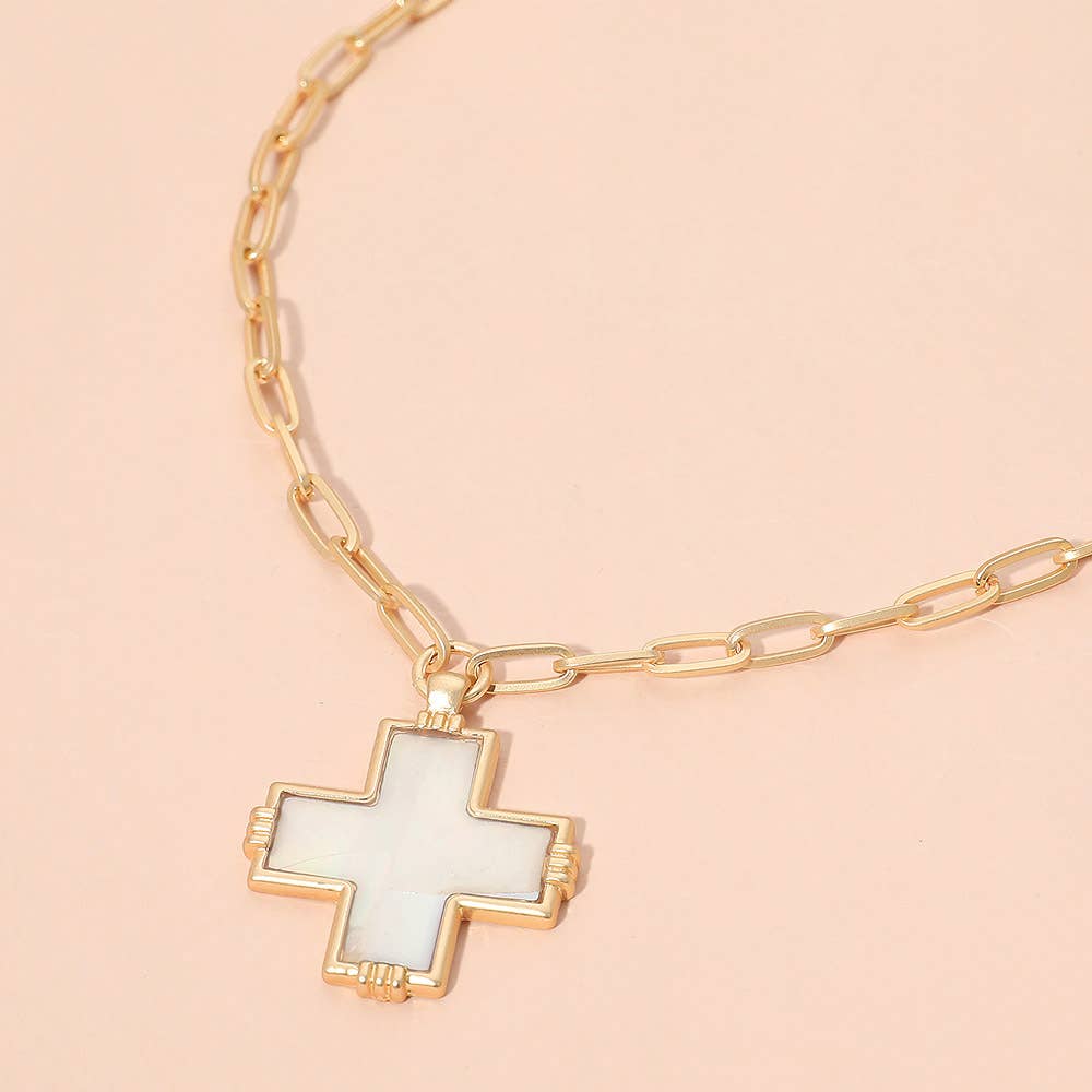 Abalone Cross Pendant Paperclip Chain Necklace
