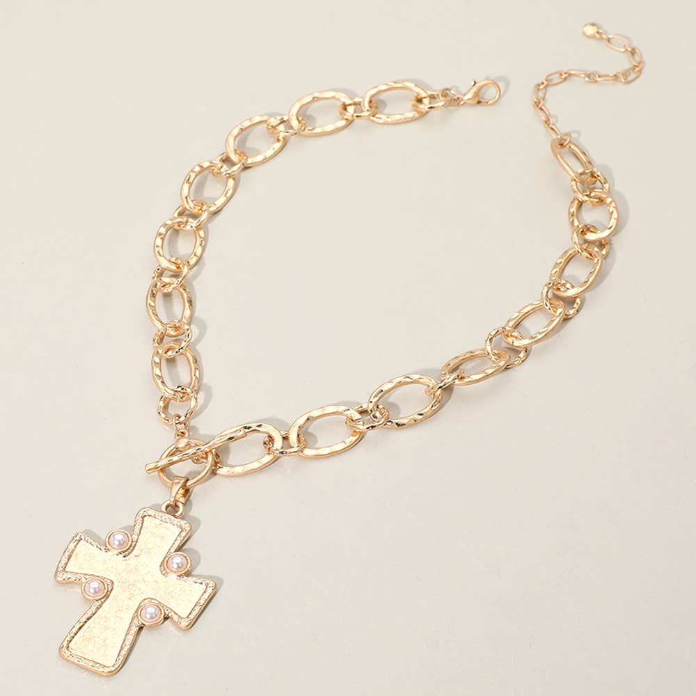 Gold Pearl Hammered Matte Metal Cross Pendant Chunky Necklace