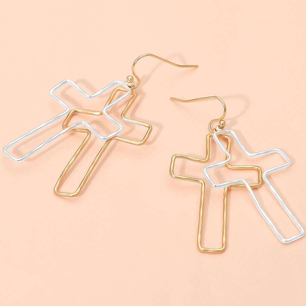 Mix Metal Wire Open Double Cross Dangle Earrings