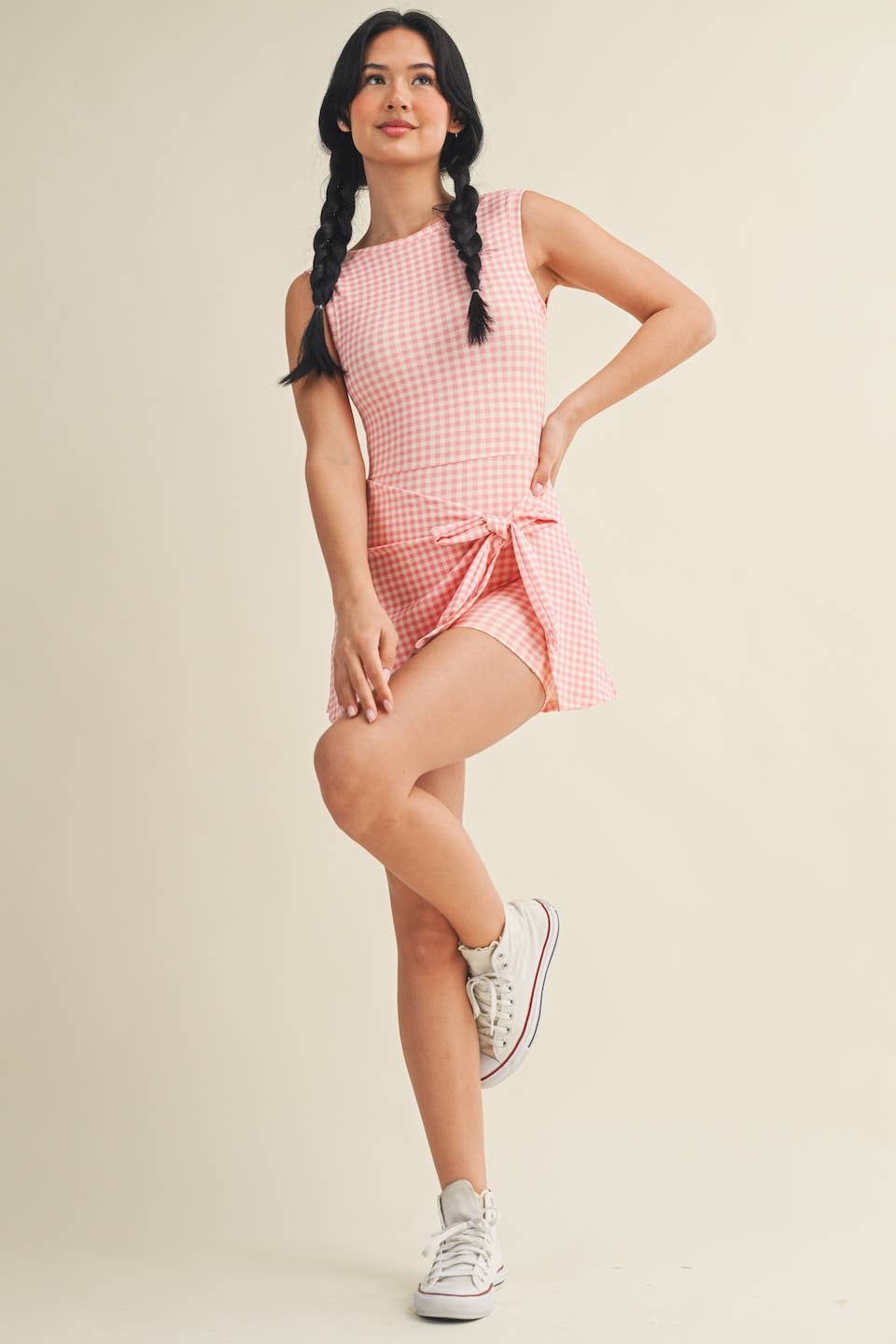 Gingham Print Wrap Tie Front Dress Romper Kimberly C.