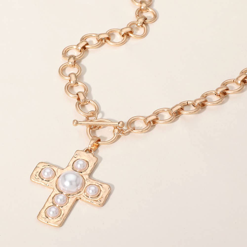 Gold Pearl Cross Pendant Chunky Chain Necklace