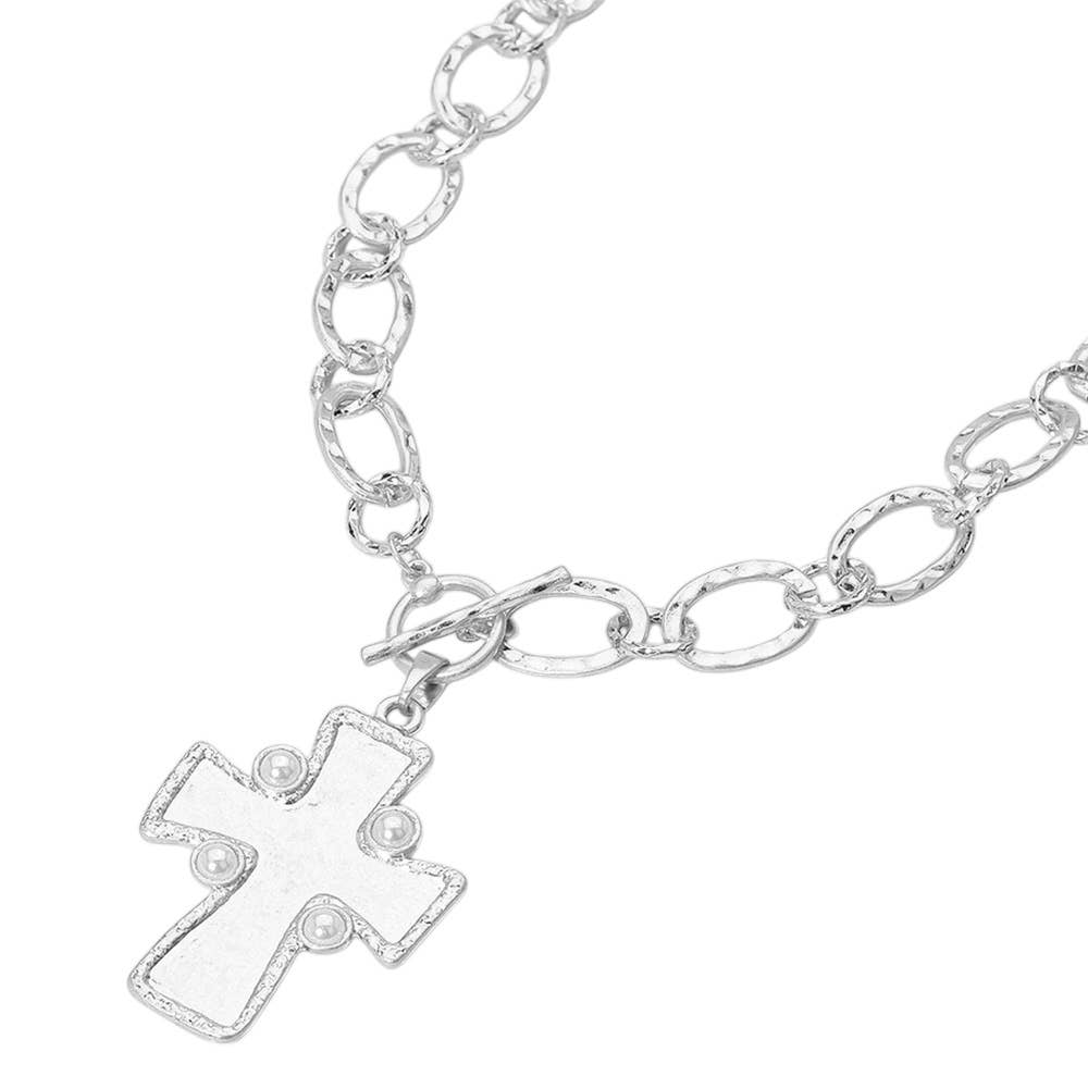 Gold Pearl Hammered Matte Metal Cross Pendant Chunky Necklace