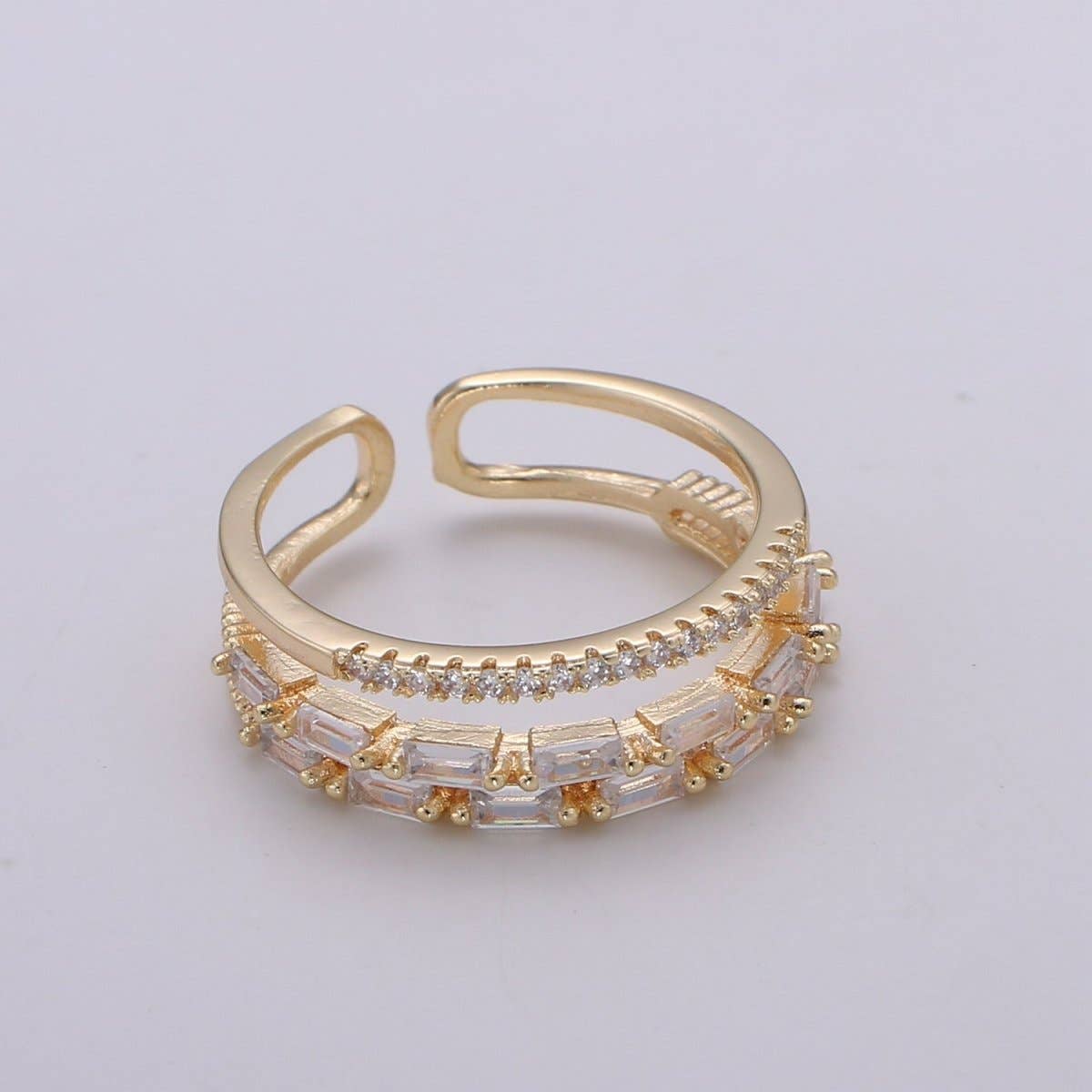 OS 14K Gold Filled Baguette Micro Paved CZ Double Band Ring | U516