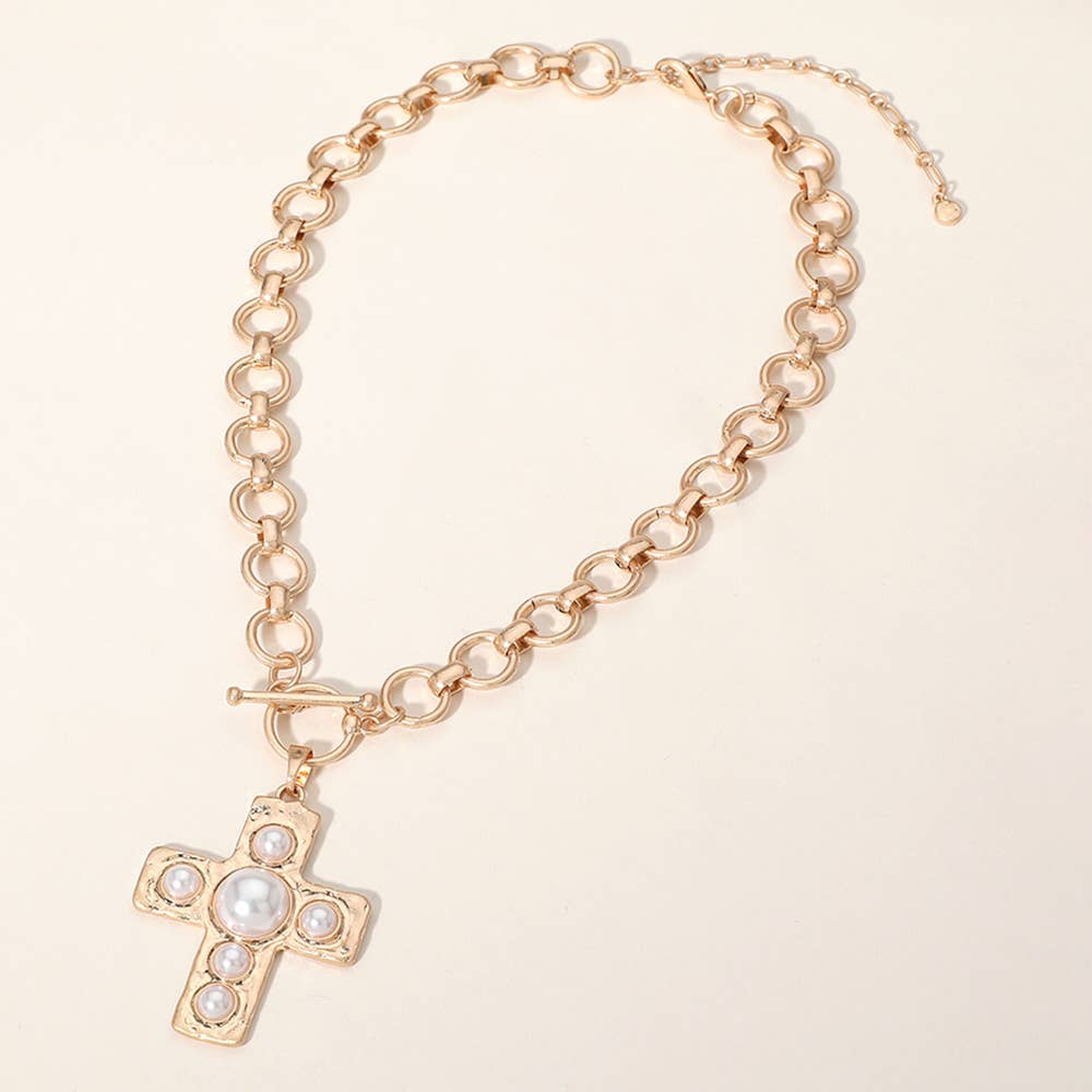 Gold Pearl Cross Pendant Chunky Chain Necklace